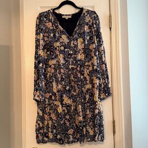 LOFT Navy and Floral Patterned Dress